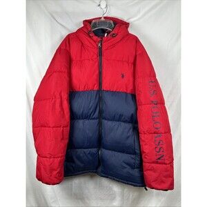 US Polo Assn. Mens 2XL Hooded Puffer Winter Jacket Red Navy Color Block Full Zip